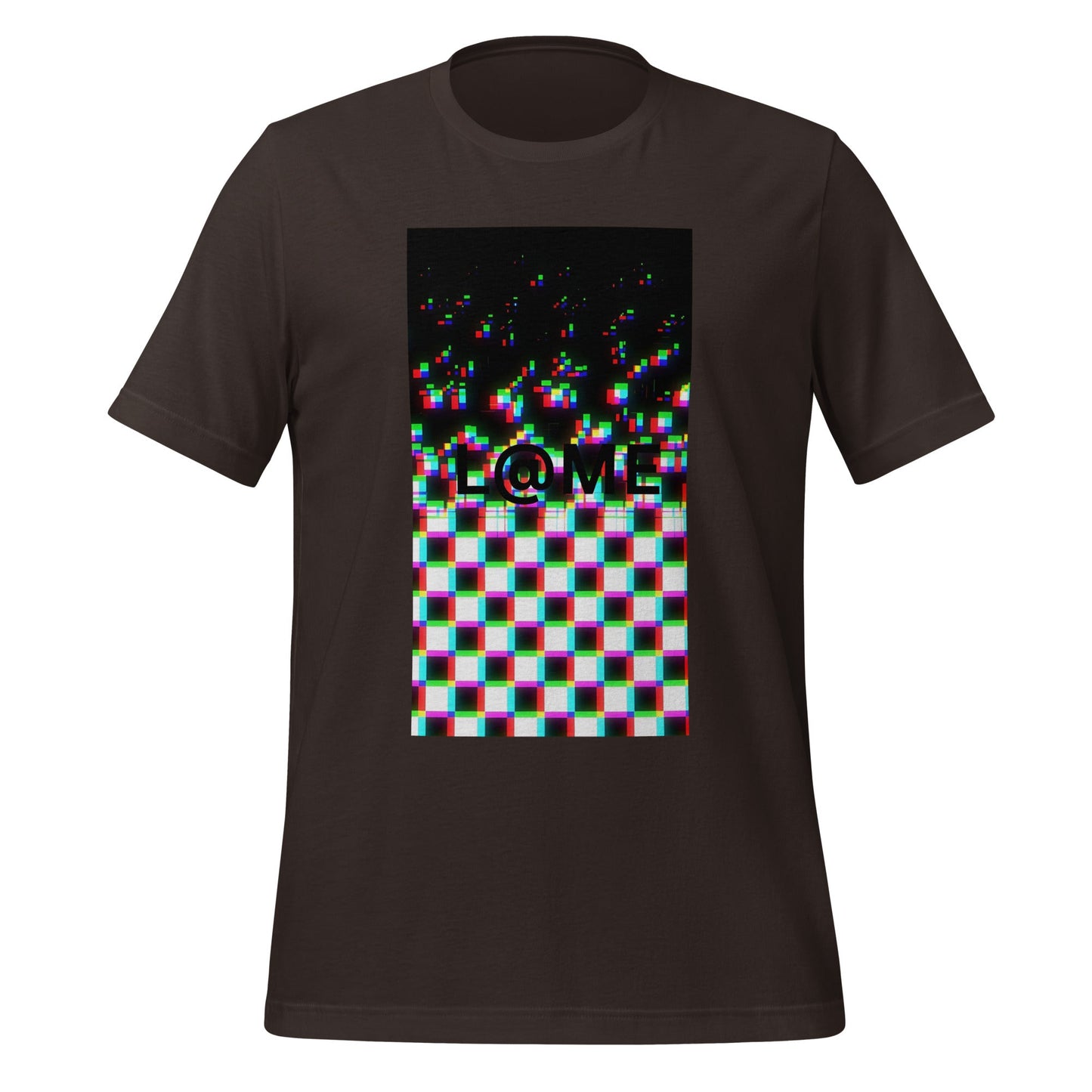 Black tee featuring a bold glitch design with a warped grid pattern and static effects.