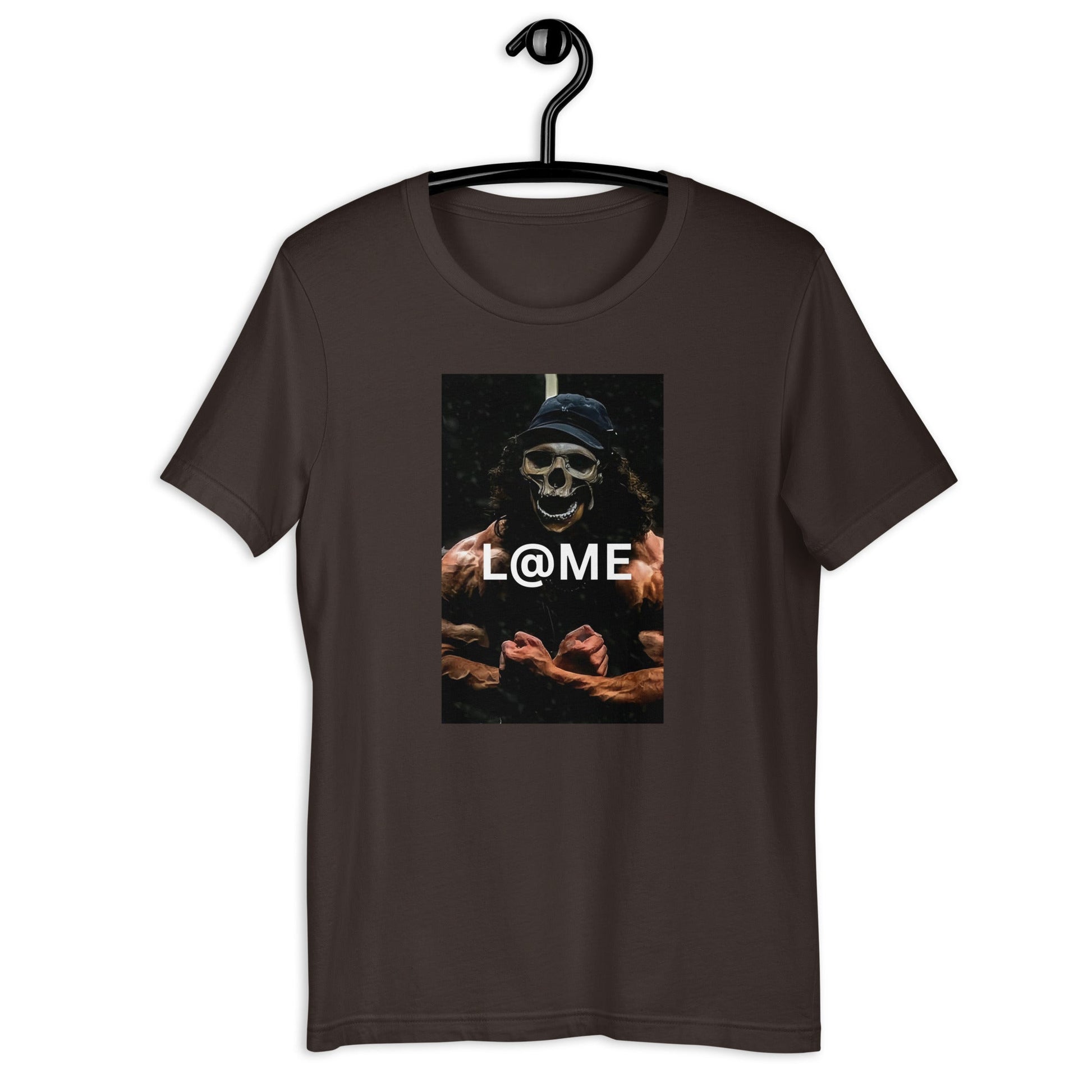 Black graphic tee with a skeletal figure flexing muscles under dim light on front