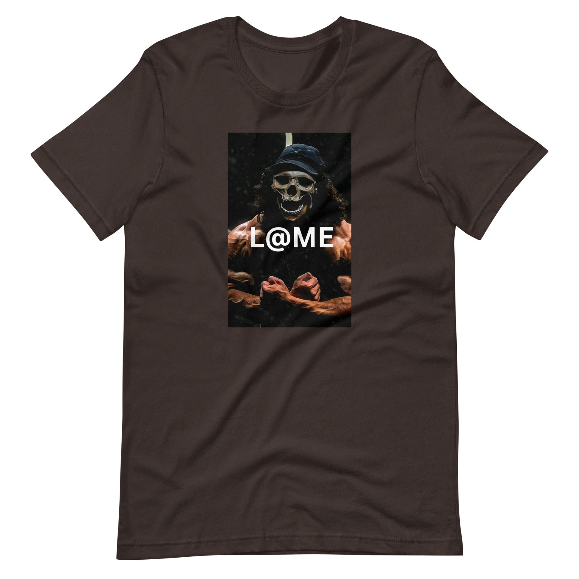Black graphic tee featuring a skeletal figure flexing in dim light.