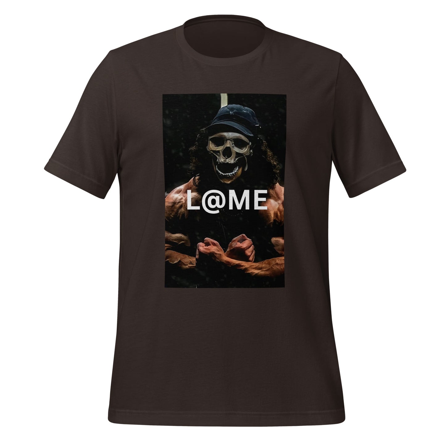 Black graphic tee with a skeletal figure flexing muscles under dim light on front