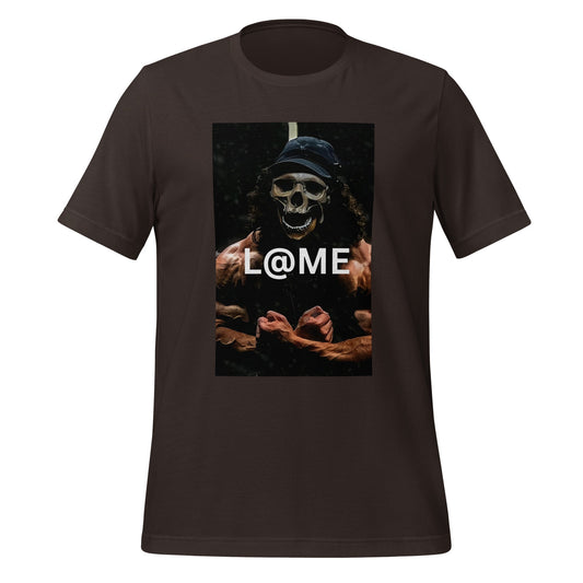 Black graphic tee with a skeletal figure flexing muscles under dim light on front