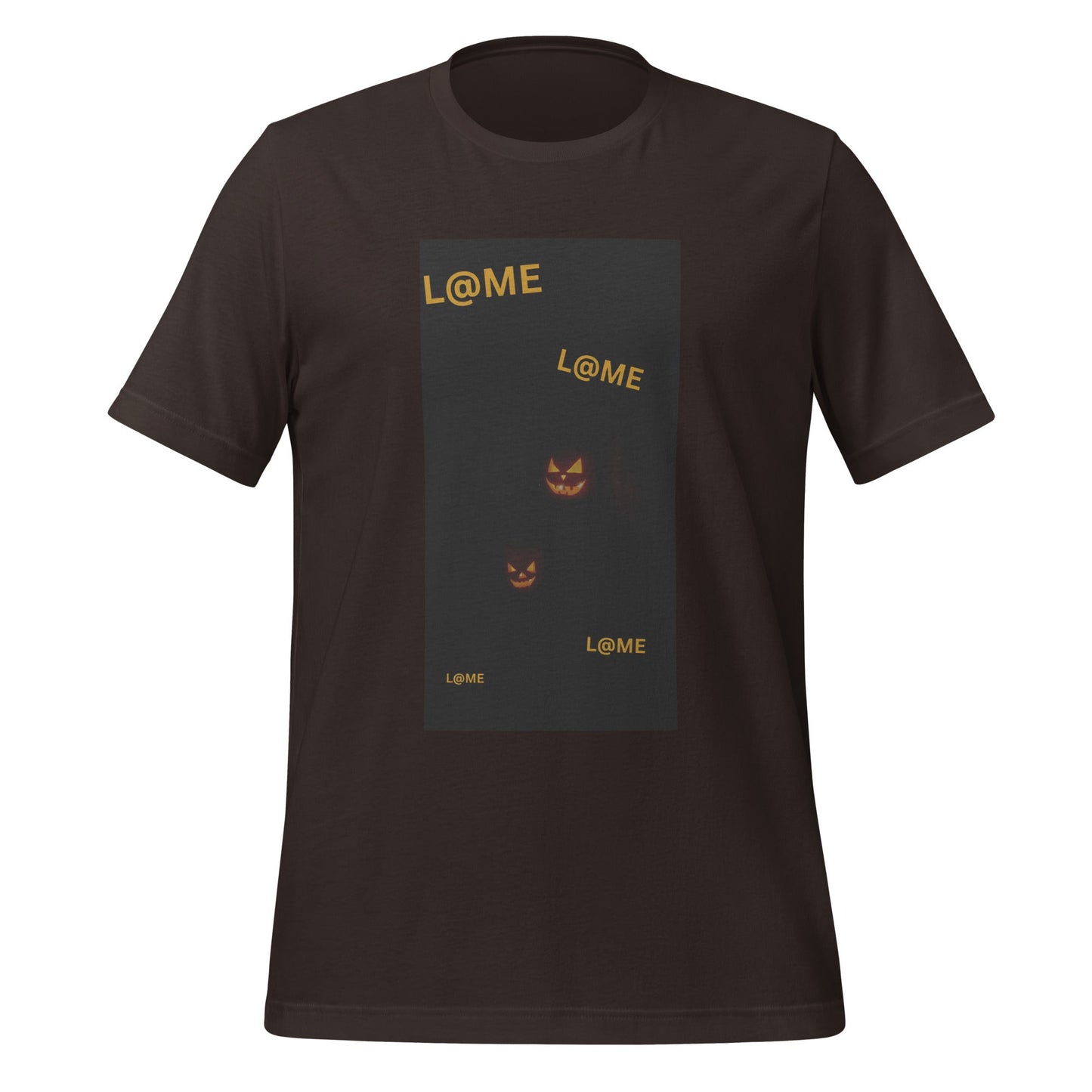 Black Halloween tee featuring subtle orange pumpkin faces on a dark background.