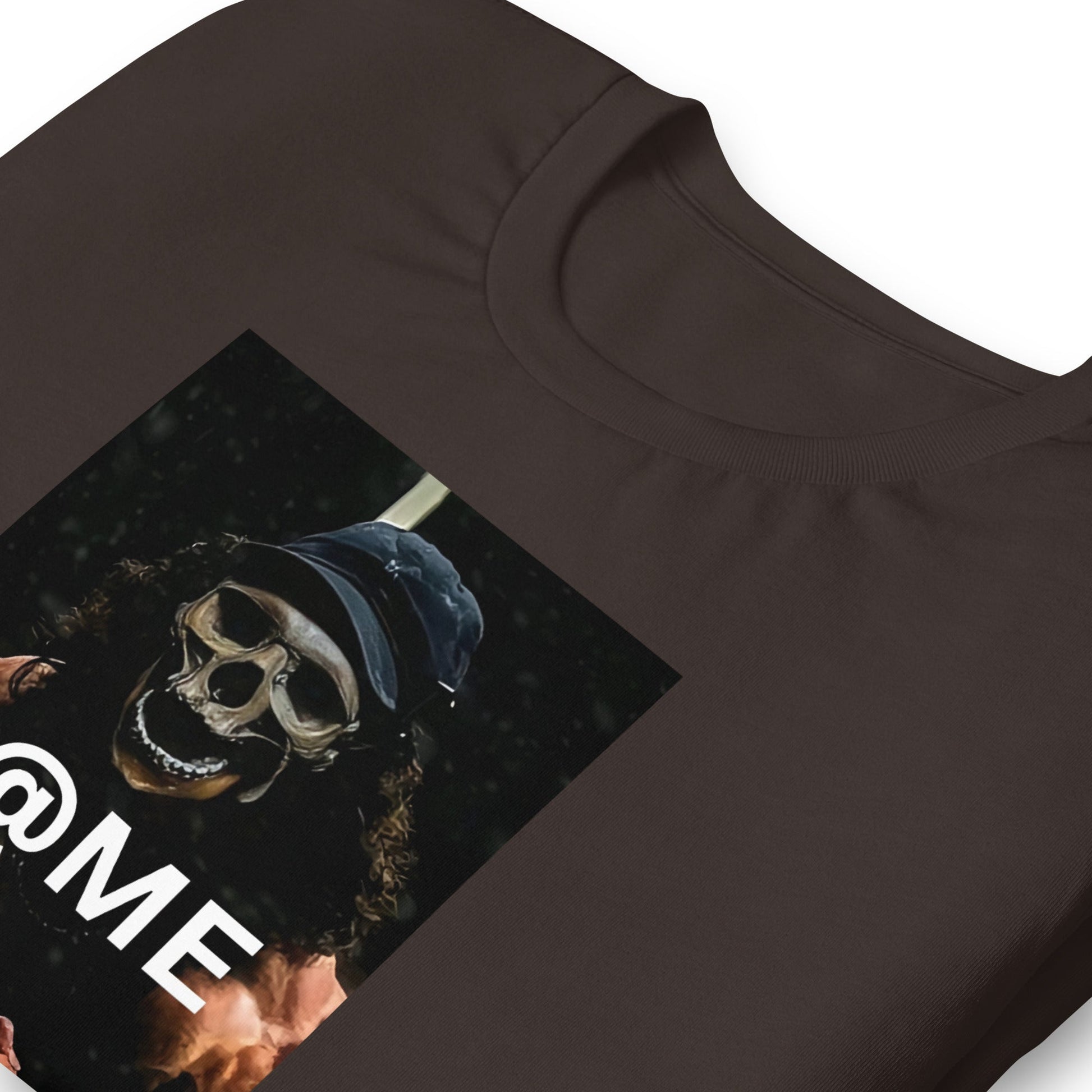Black graphic tee featuring a skeletal figure flexing under dim light.