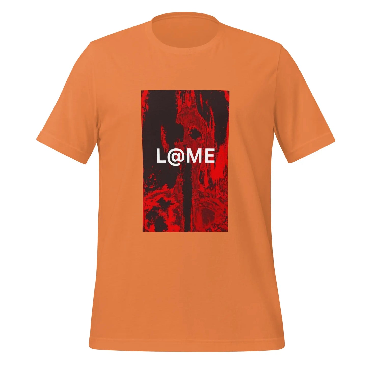 Red unisex graphic tee featuring an abstract flame design and white L@ME logo.