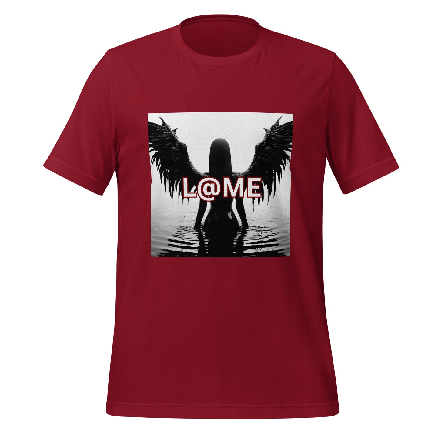 Black tee featuring reflective wings and the word LAME in bold, edgy design.