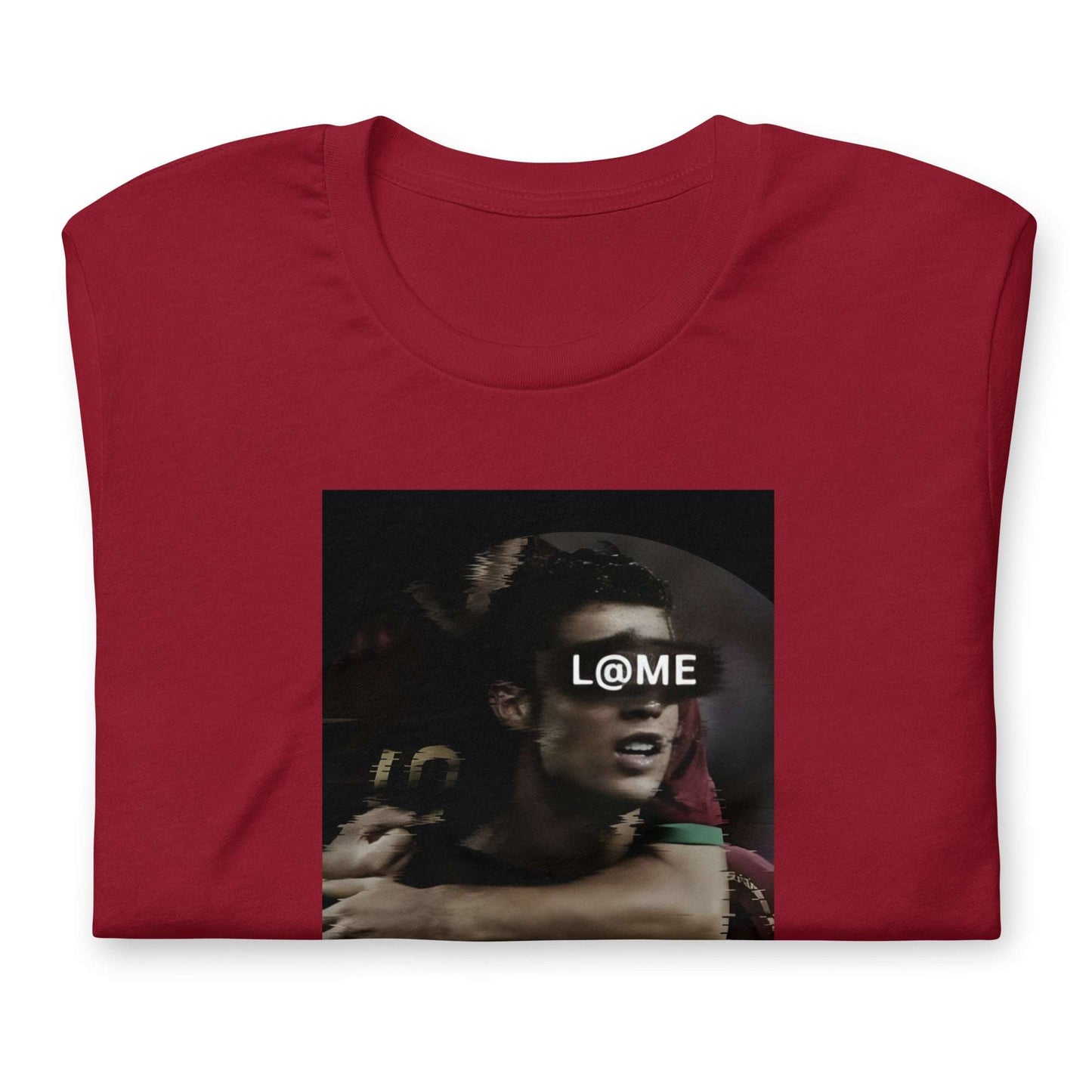 Black and red graphic t-shirt featuring a bold portrait design and L@ME logo across the eyes.