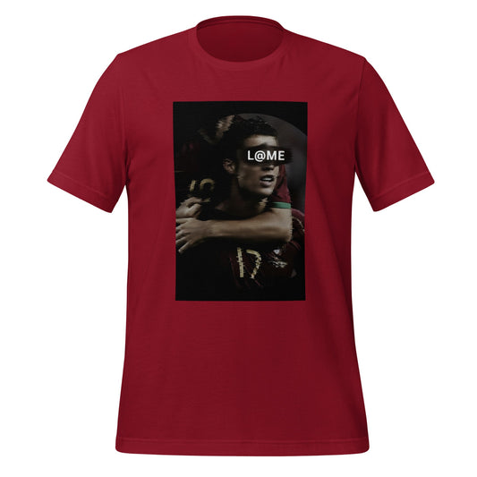 Black and red graphic T-shirt with a portrait and L@ME logo across the eyes.