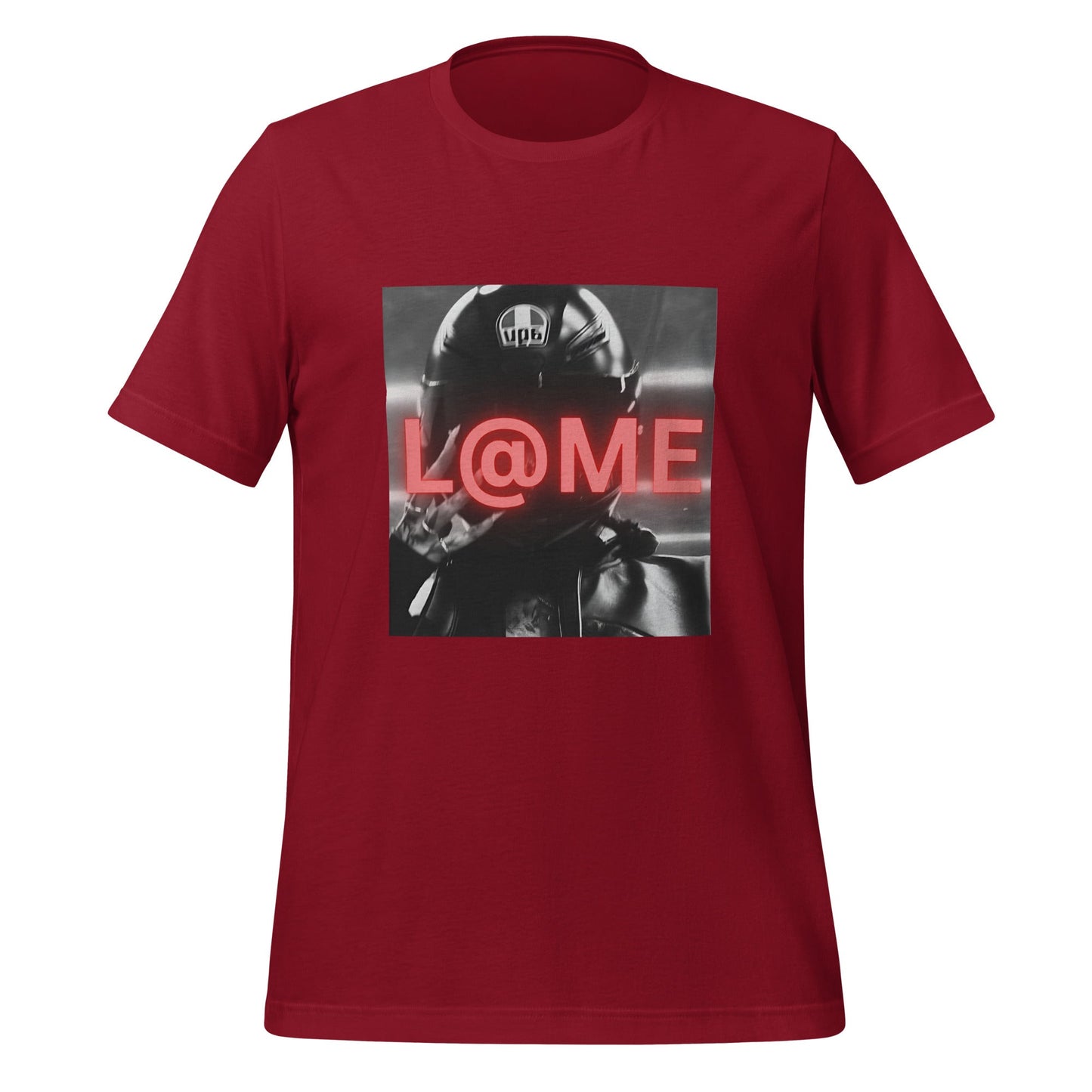 Neon Rider Graphic T-Shirt featuring a helmeted figure and glowing red typography on soft cotton.