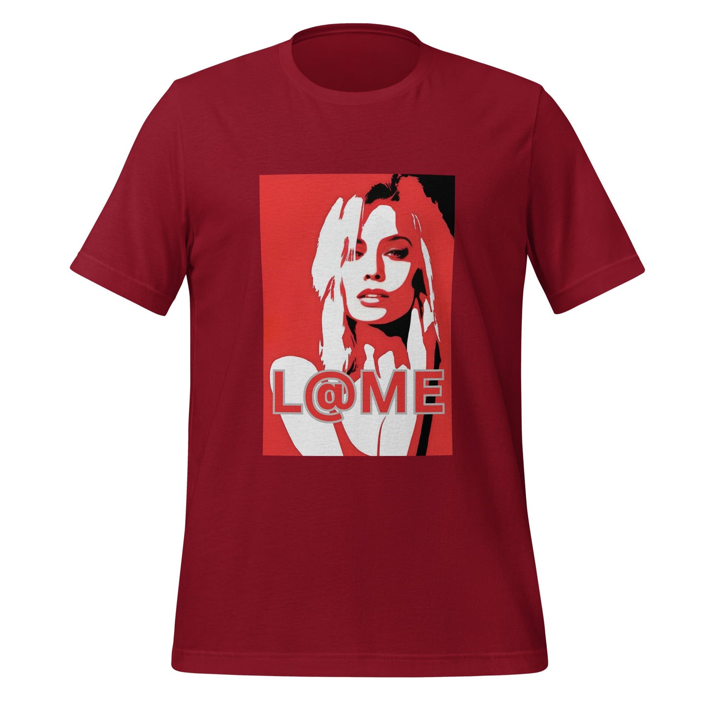 Red Pop-Art graphic tee featuring a bold red-and-white portrait and L@ME logo.