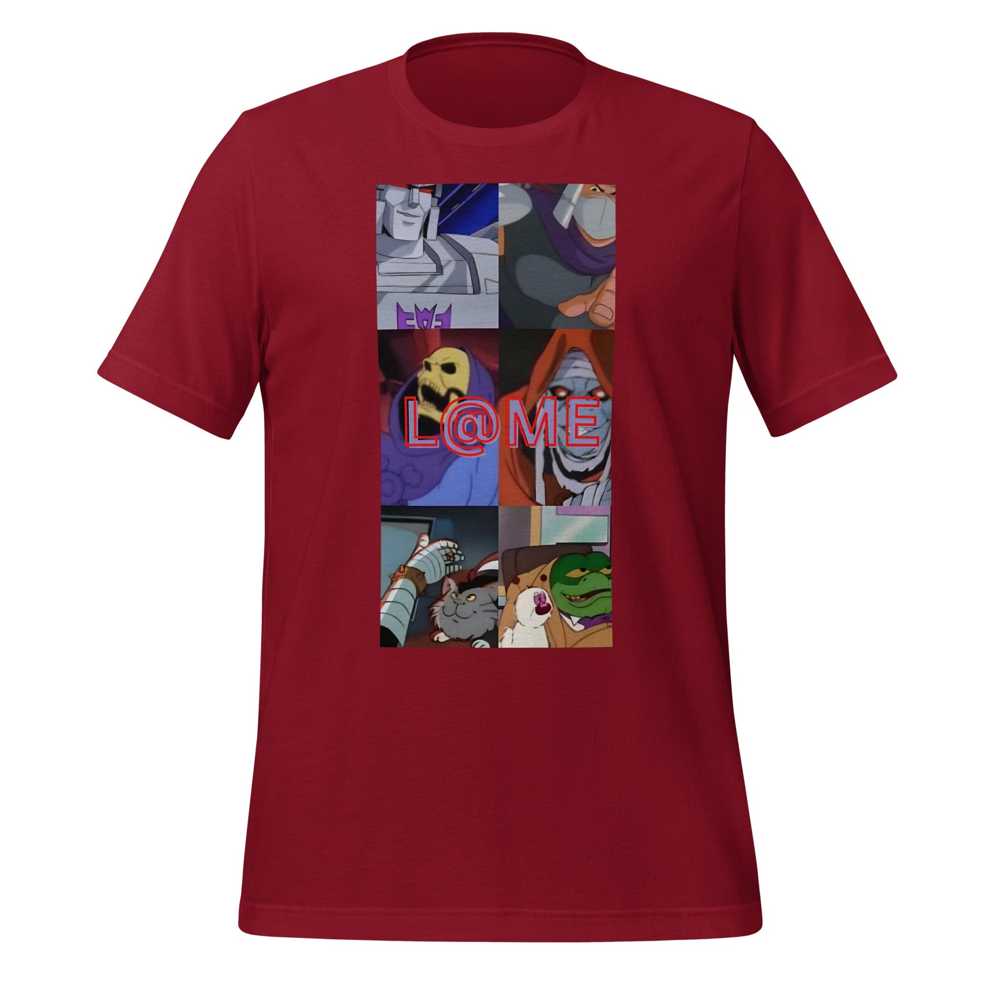 A black cartoon tee featuring chaotic comic panels and the L@ME logo in electric red.