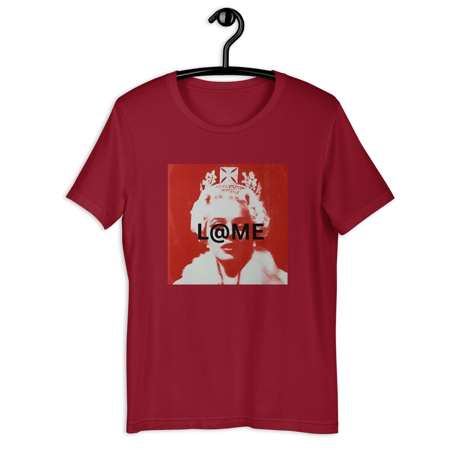 Red graphic tee featuring a regal figure in modern street art style on a soft fabric.