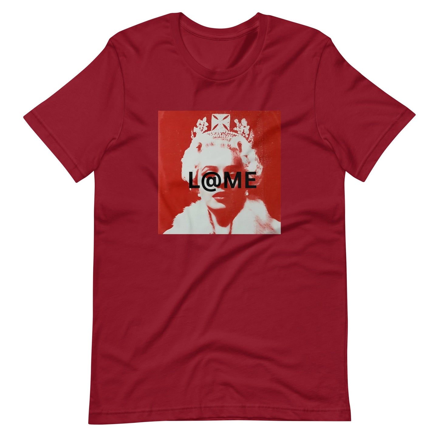 Red graphic tee with a modern street art regal figure and bold design by L@ME.