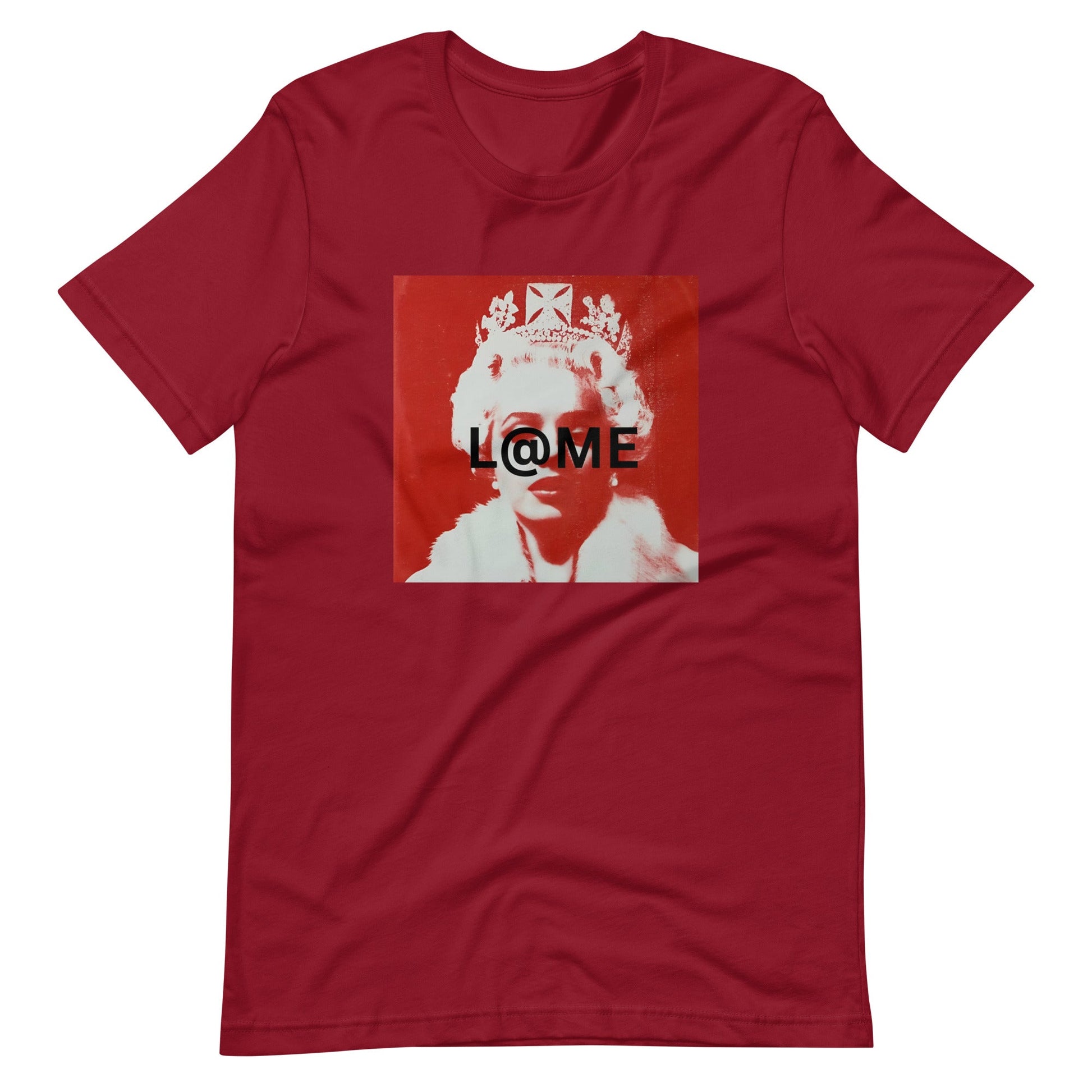 Red graphic tee with a modern street art regal figure and bold design by L@ME.