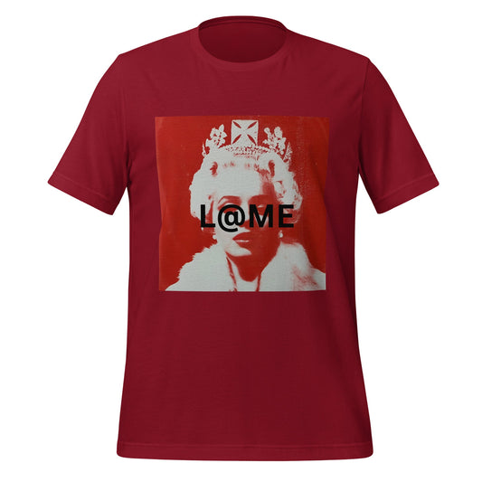 Red graphic tee featuring a regal figure in modern street art style.