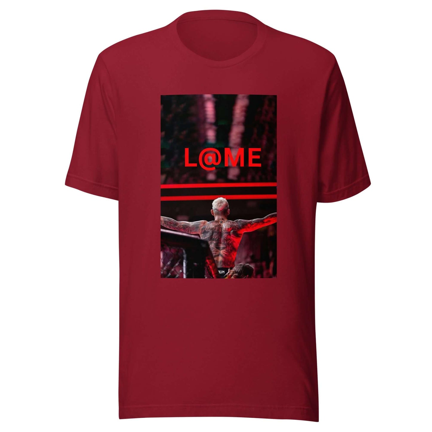 Red and black graphic tee featuring a triumphant design with raised arms.