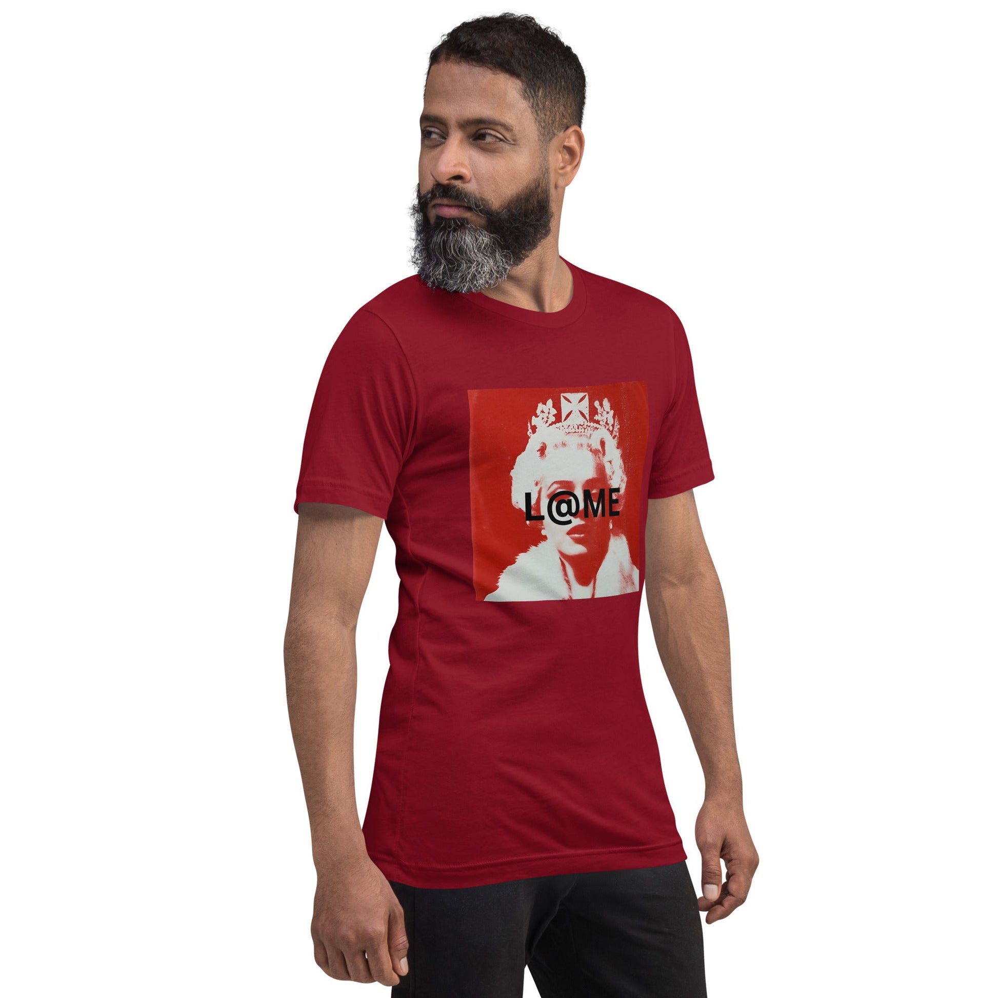 Red graphic tee featuring a modern street art depiction of a regal figure.