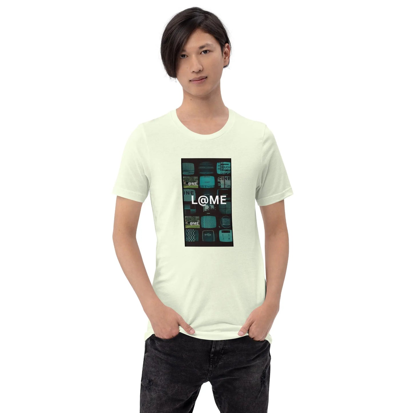 Unisex t-shirt in deep teal featuring vintage TV textures and a bold L@ME logo.