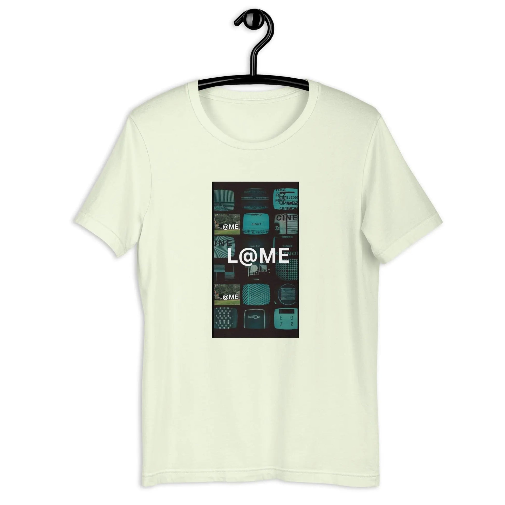 Unisex t-shirt featuring a deep teal and black vintage TV texture with the L@ME logo.
