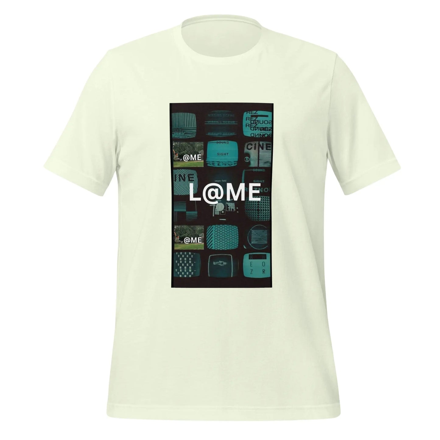 Unisex T-shirt with retro TV static collage in teal and black and L@ME logo on front