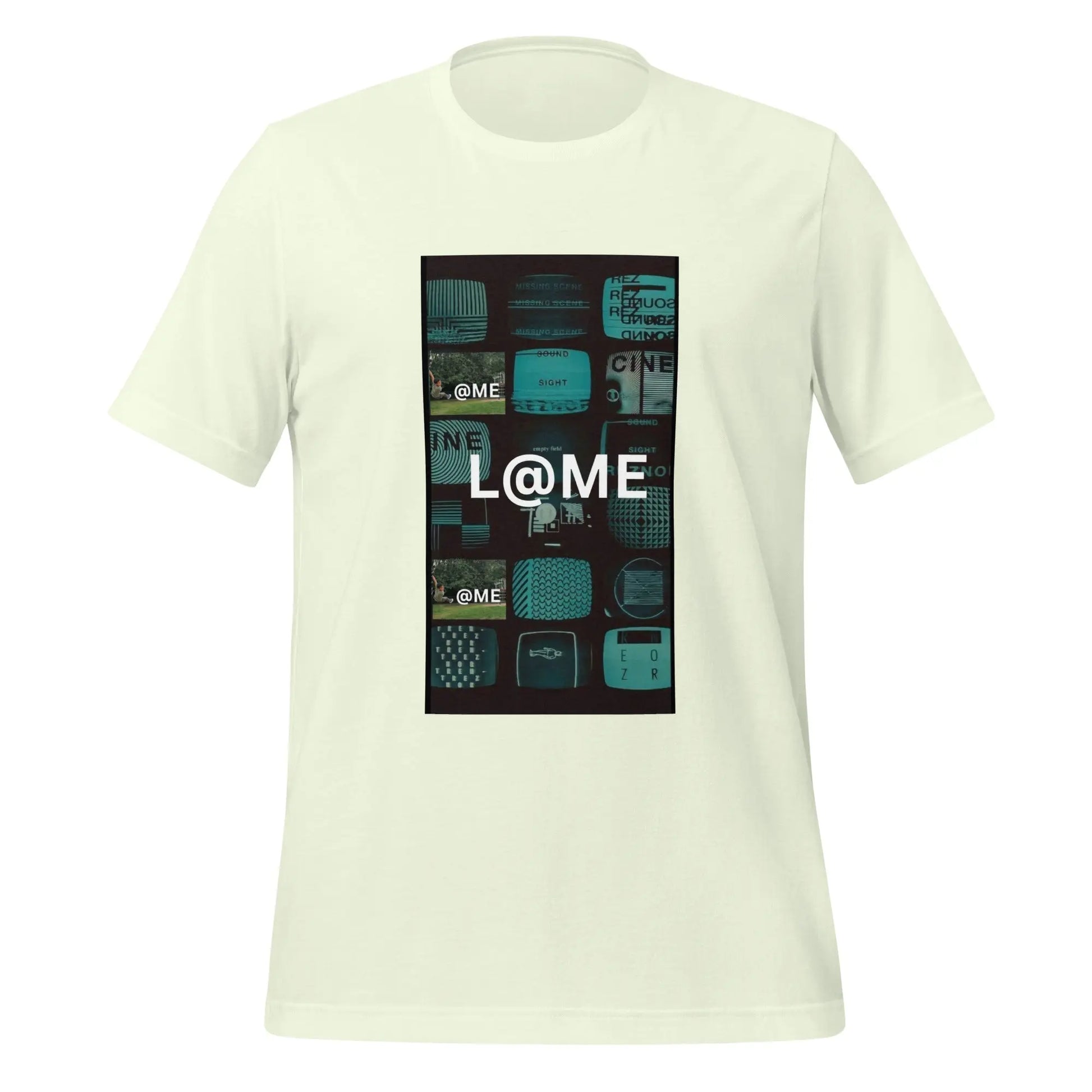 Unisex T-shirt with retro TV static collage in teal and black and L@ME logo on front