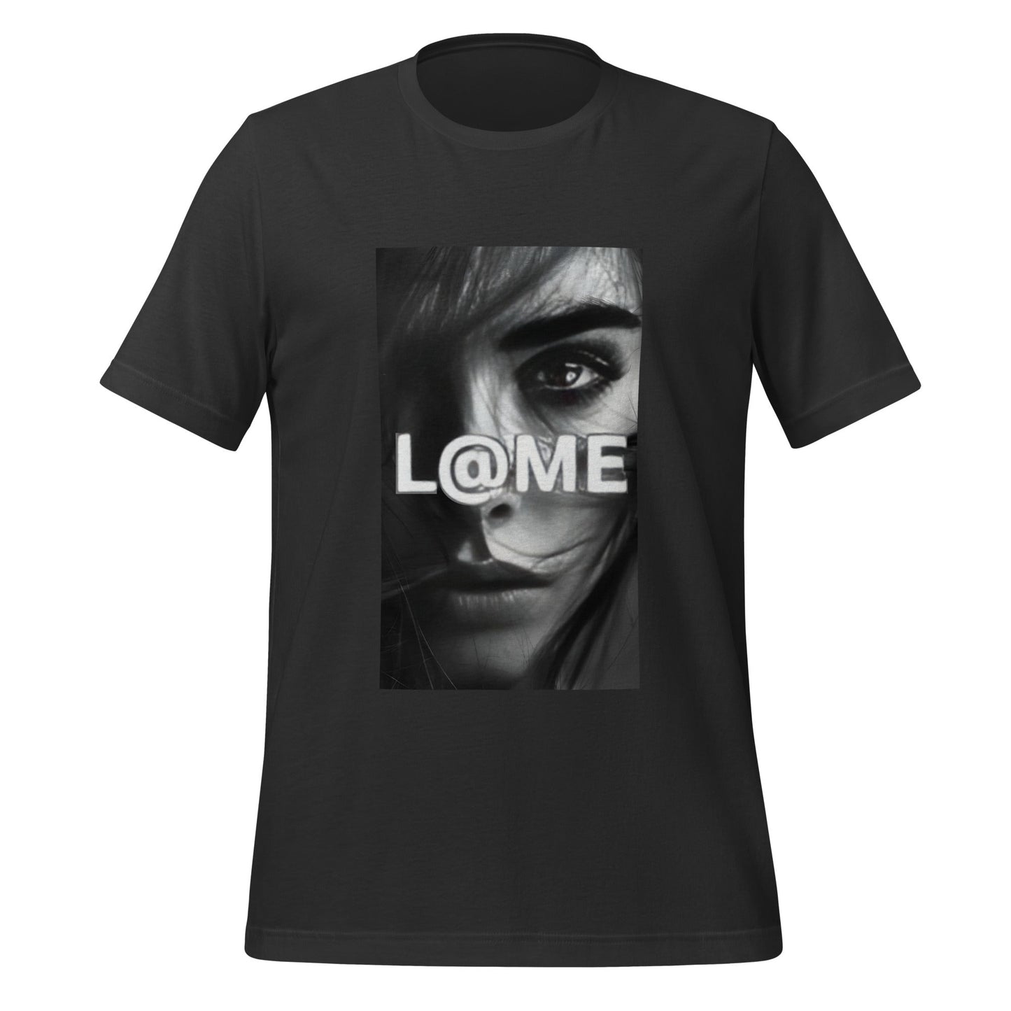 Black t-shirt with a grayscale portrait and L@ME logo on the front