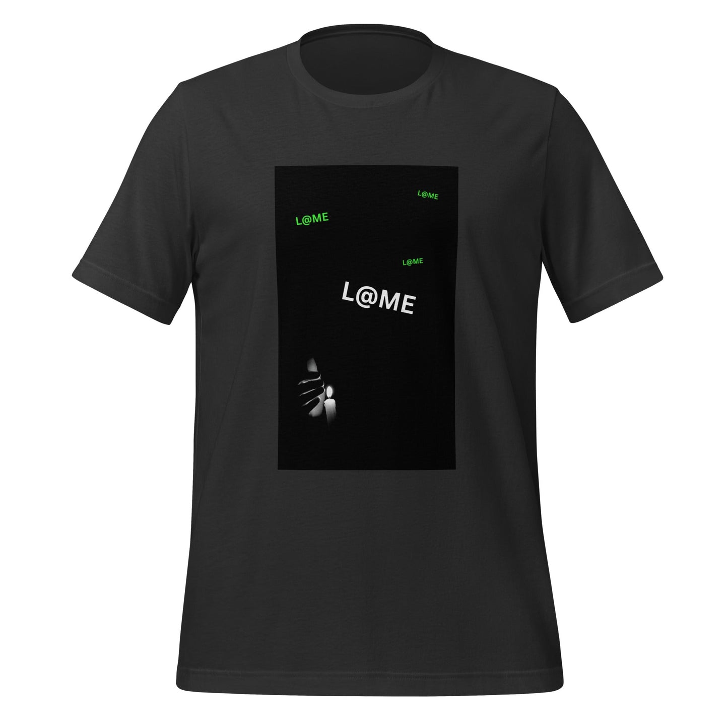 Minimalist black tee featuring subtle green L@ME logos and a central print design.