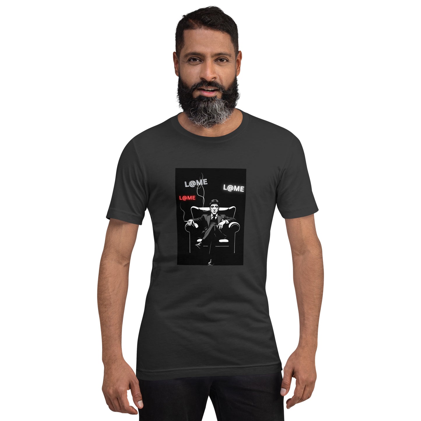 Black L@ME Boss Mode tee with red and white logos on front, cotton fabric, short sleeves.