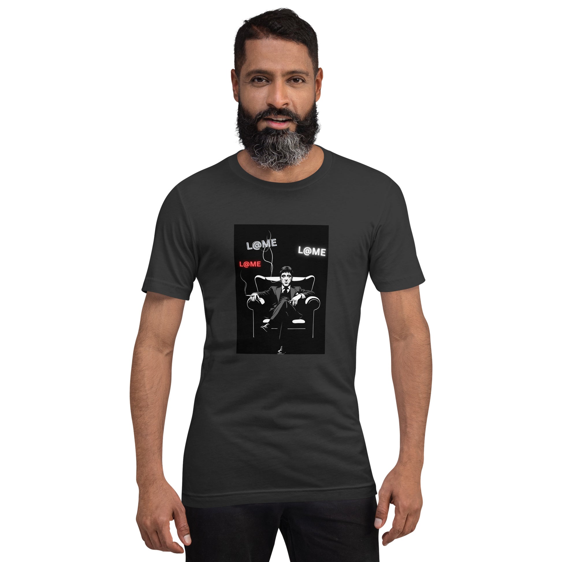 Black L@ME Boss Mode tee with red and white logos on front, cotton fabric, short sleeves.