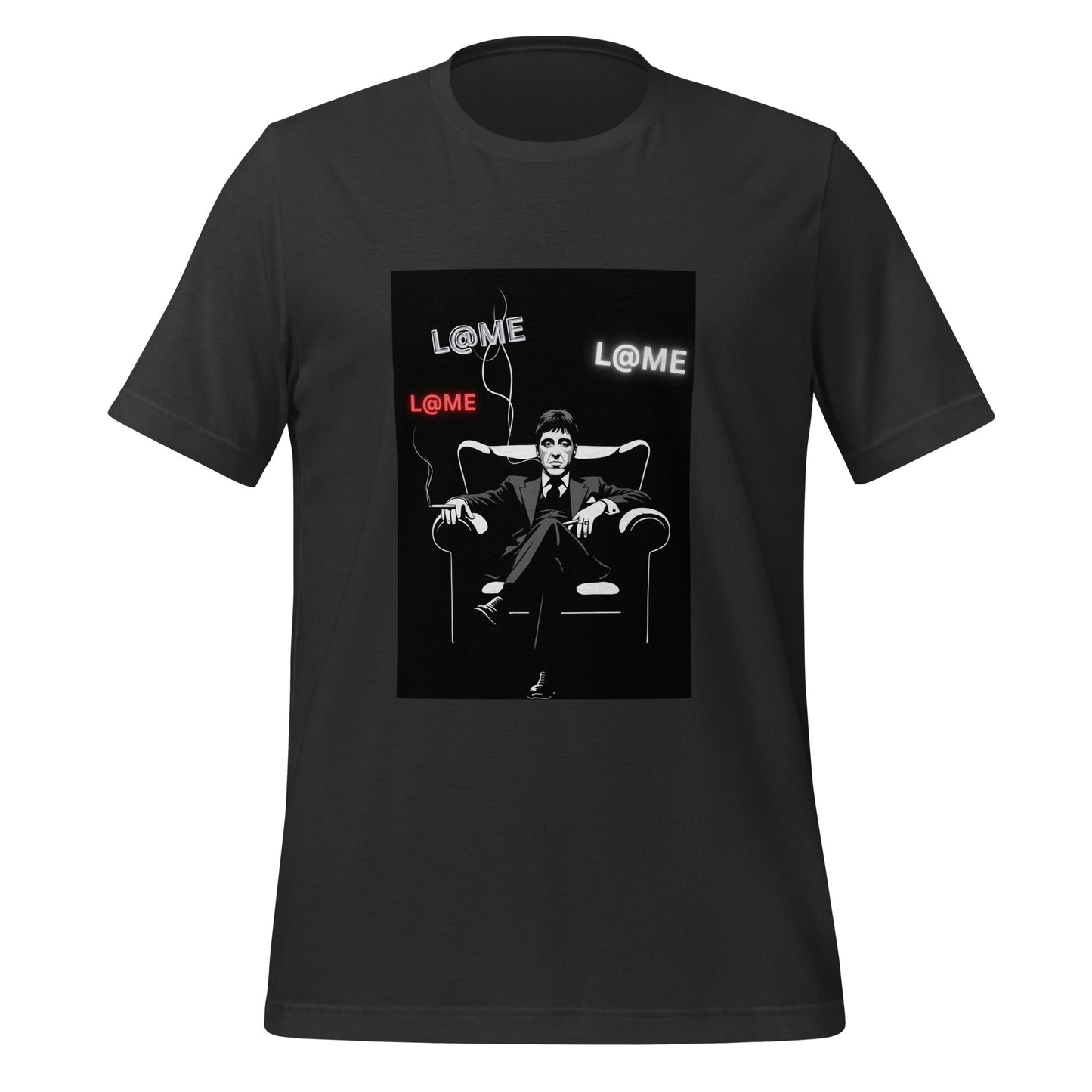 Black L@ME Boss Mode tee with red and white logos on front, short sleeves, crew neck