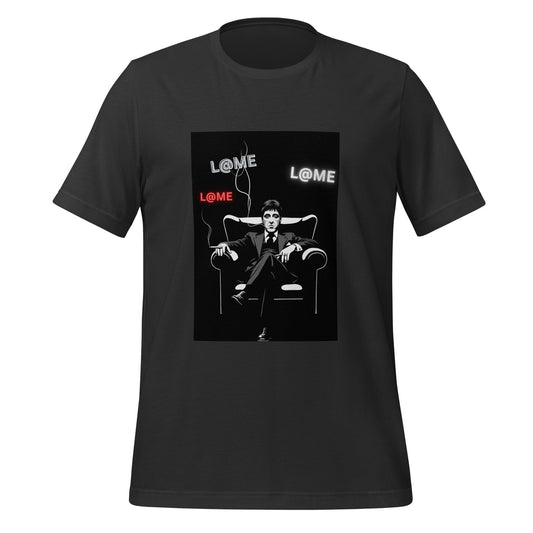 Black L@ME Boss Mode tee with red and white logos on front, short sleeves, crew neck