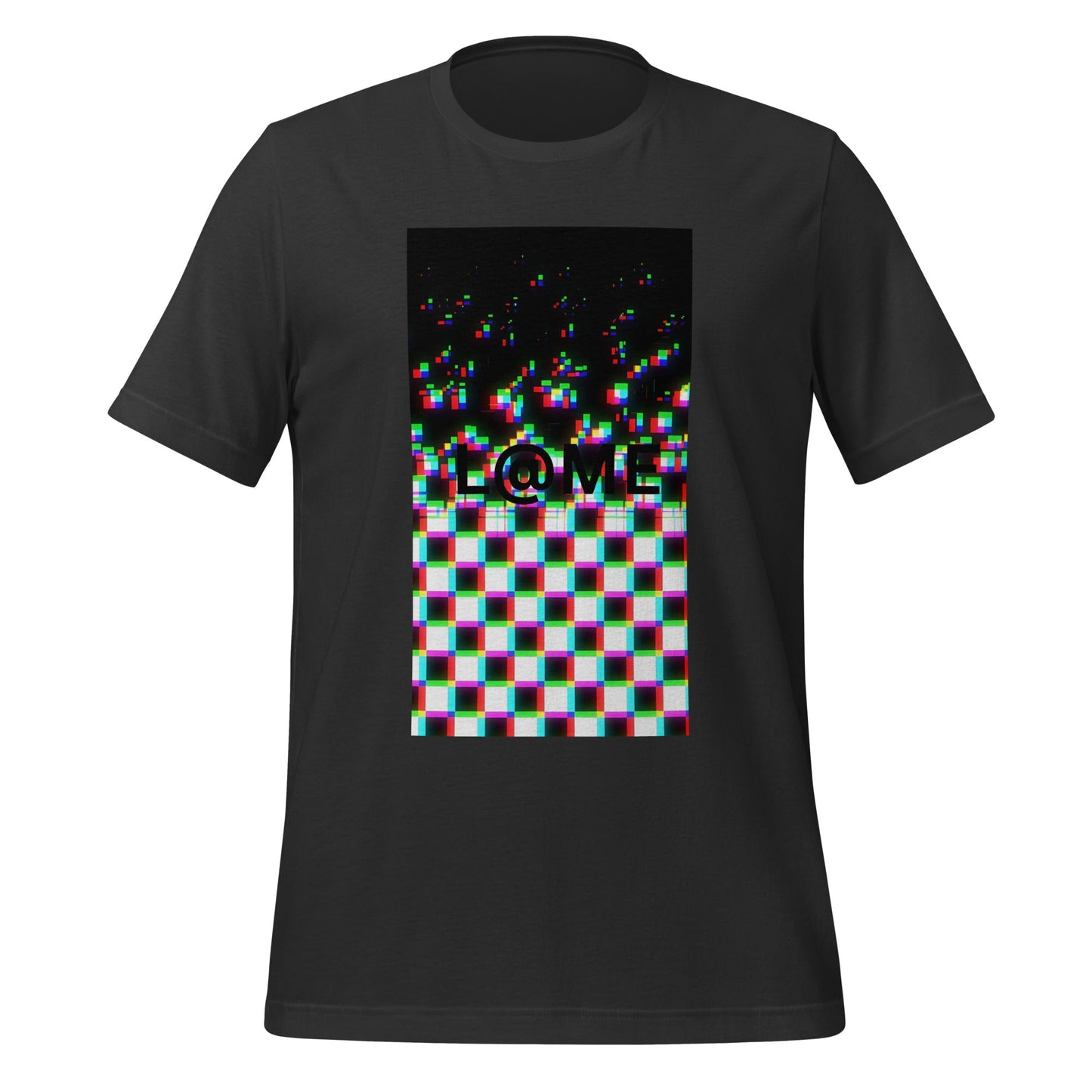Black tee featuring a bold glitch design with a warped grid and static effects.