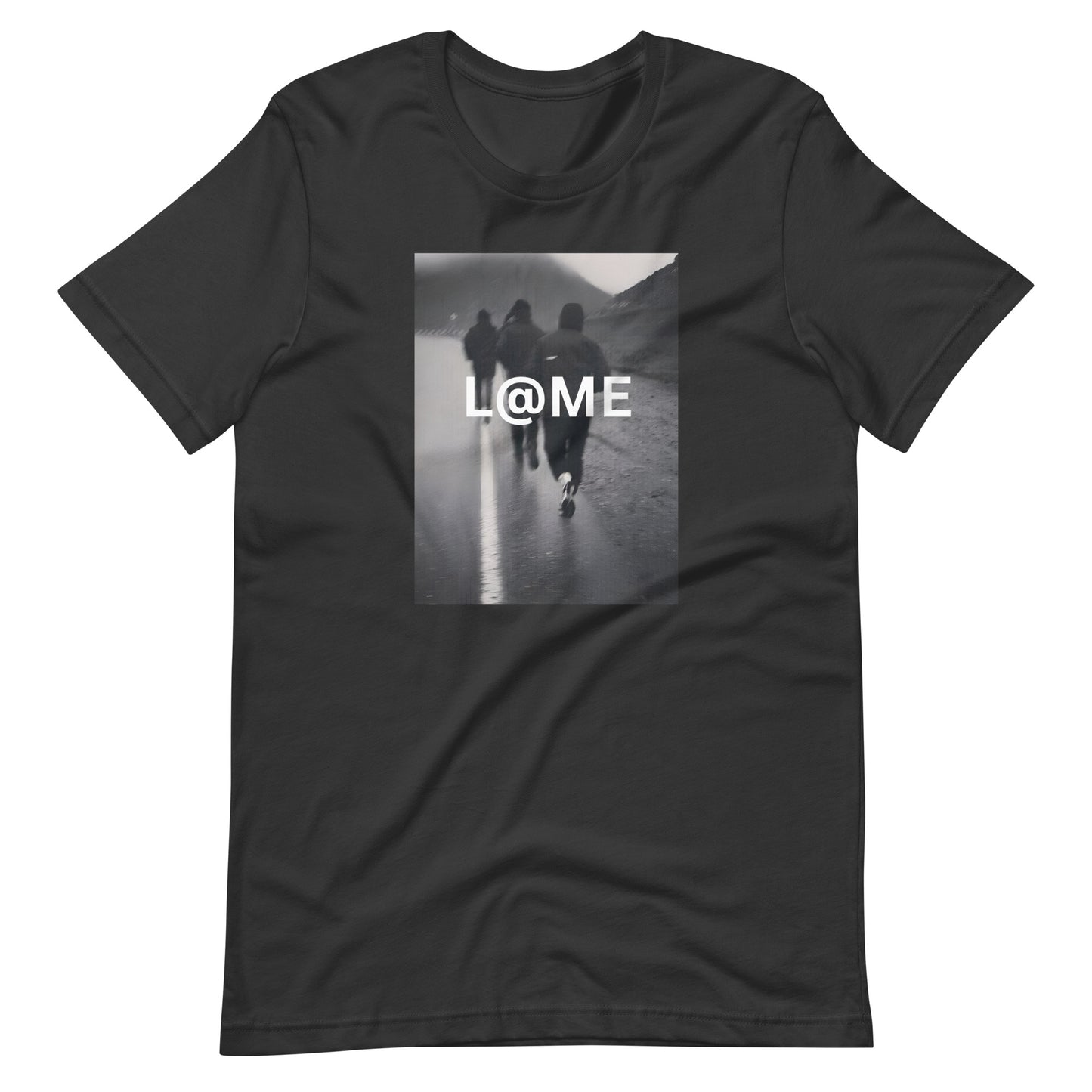 Grayscale street photo graphic tee with L@ME logo on a soft cotton fabric.