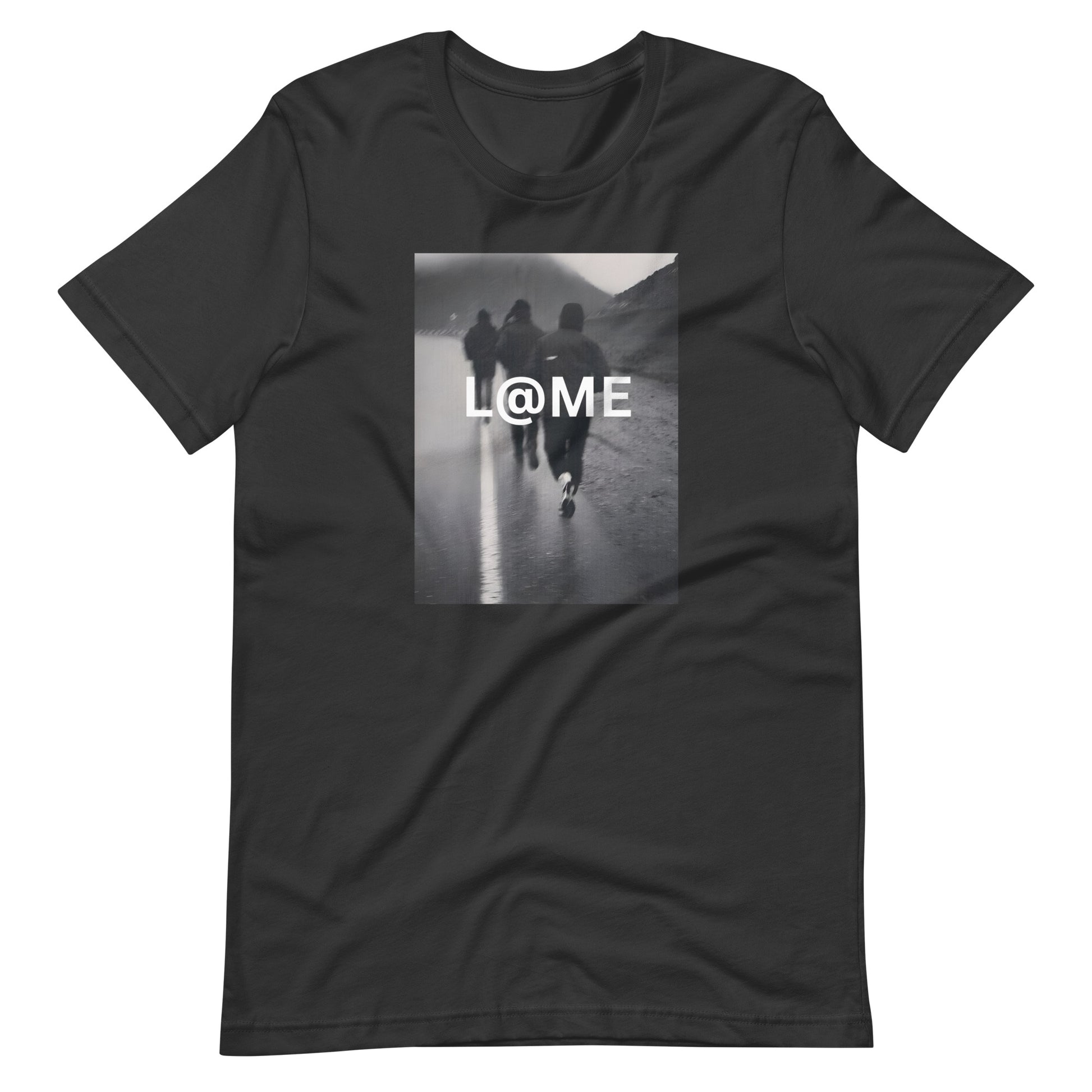 Grayscale street photo graphic tee with L@ME logo on a soft cotton fabric.