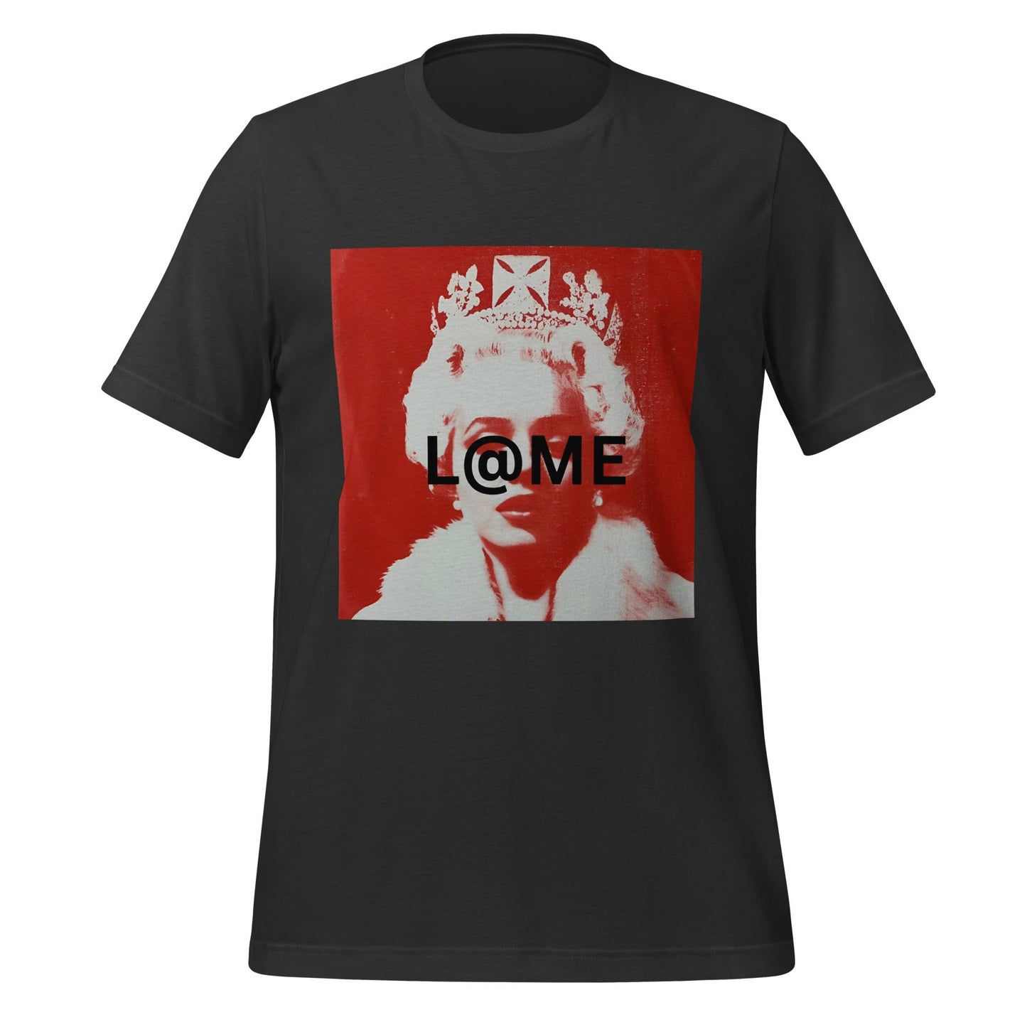 Red graphic tee featuring a regal figure in modern street art style.