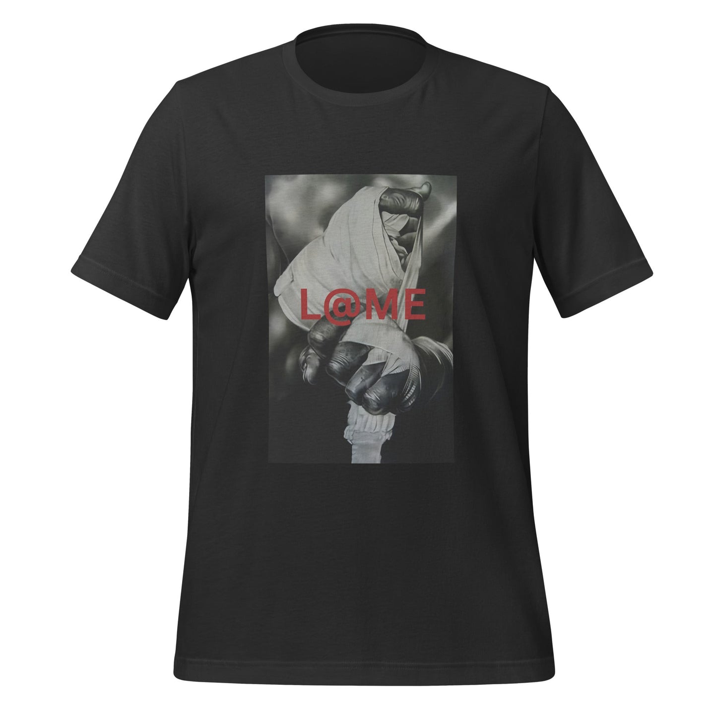 Close-up of a hand gripping tightly, with bold red L@ME print on a grayscale tee.