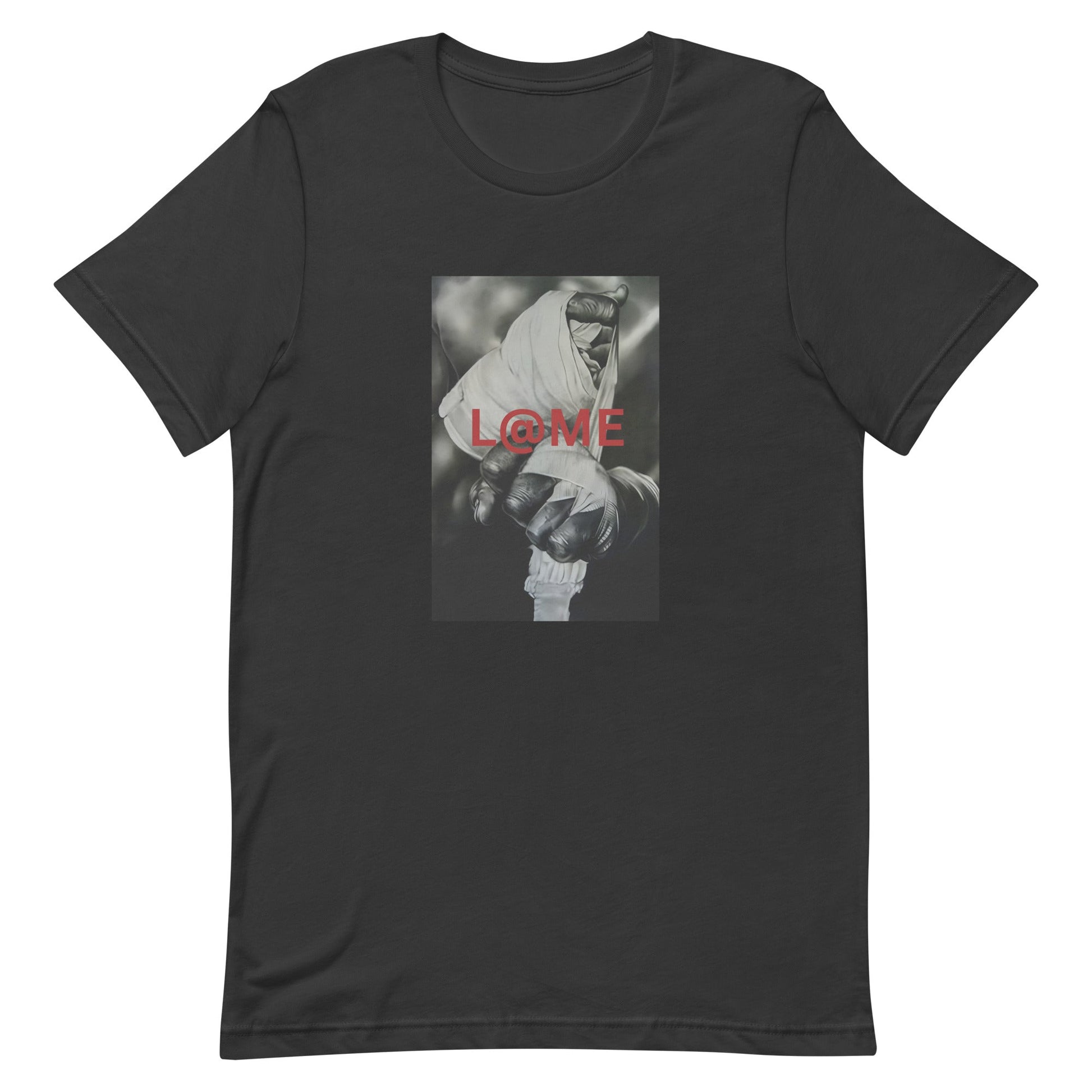 Close-up of a hand gripping tightly, with bold red L@ME print on a grayscale tee.