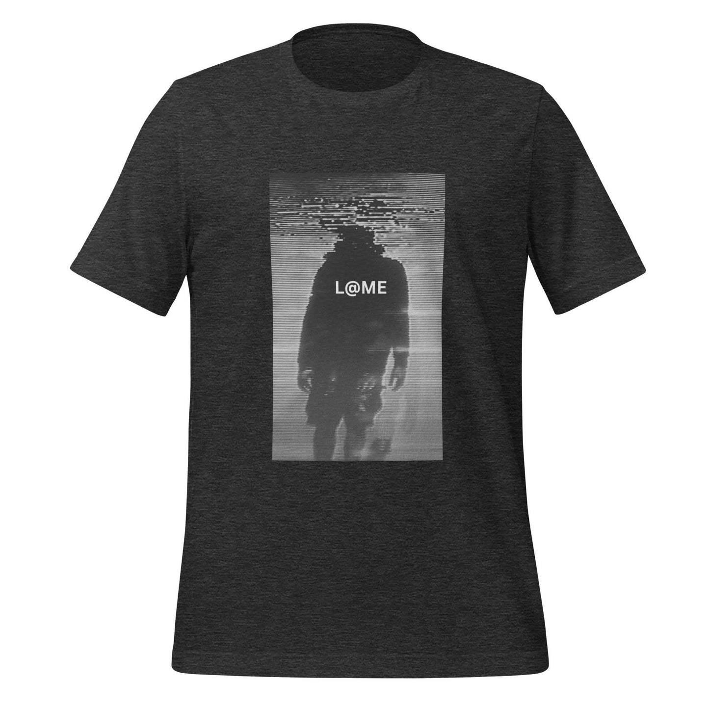 Unisex t-shirt featuring a monochrome figure dissolving into static with a cyberpunk design.