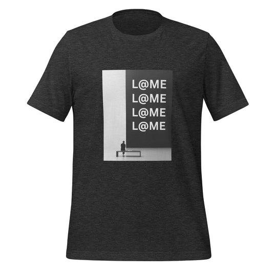 Monochrome unisex t-shirt featuring bold black-and-white L@ME typography on a minimalist design.