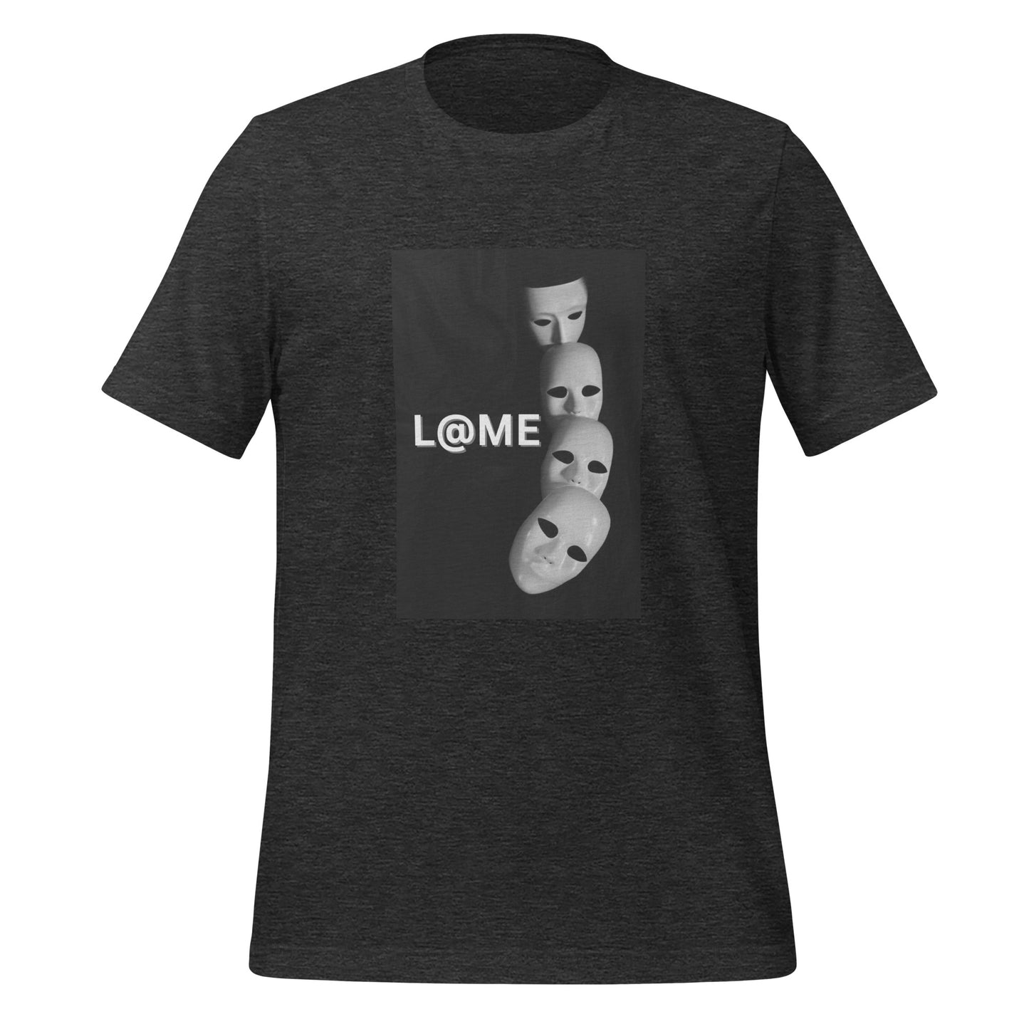 Unisex black t-shirt featuring a white cascade of masks on a black background.