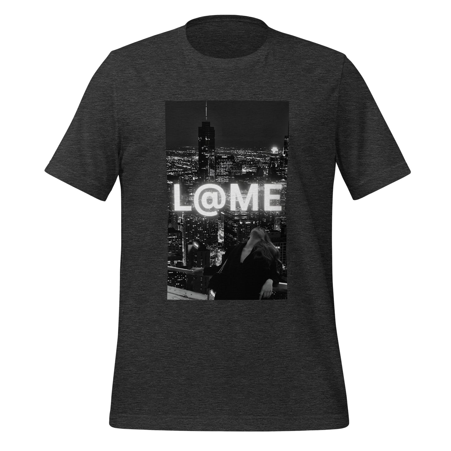 A black t-shirt featuring a glowing neon logo and a city skyline design.