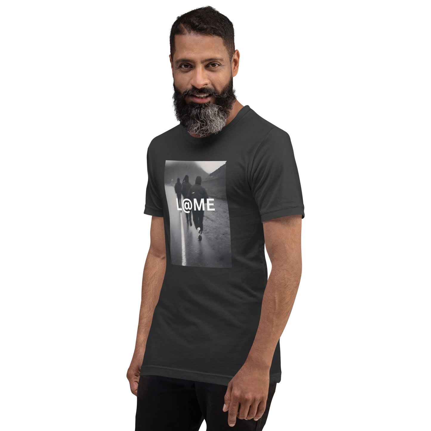 Gray graphic tee featuring a street photo and L@ME logo on soft cotton fabric.