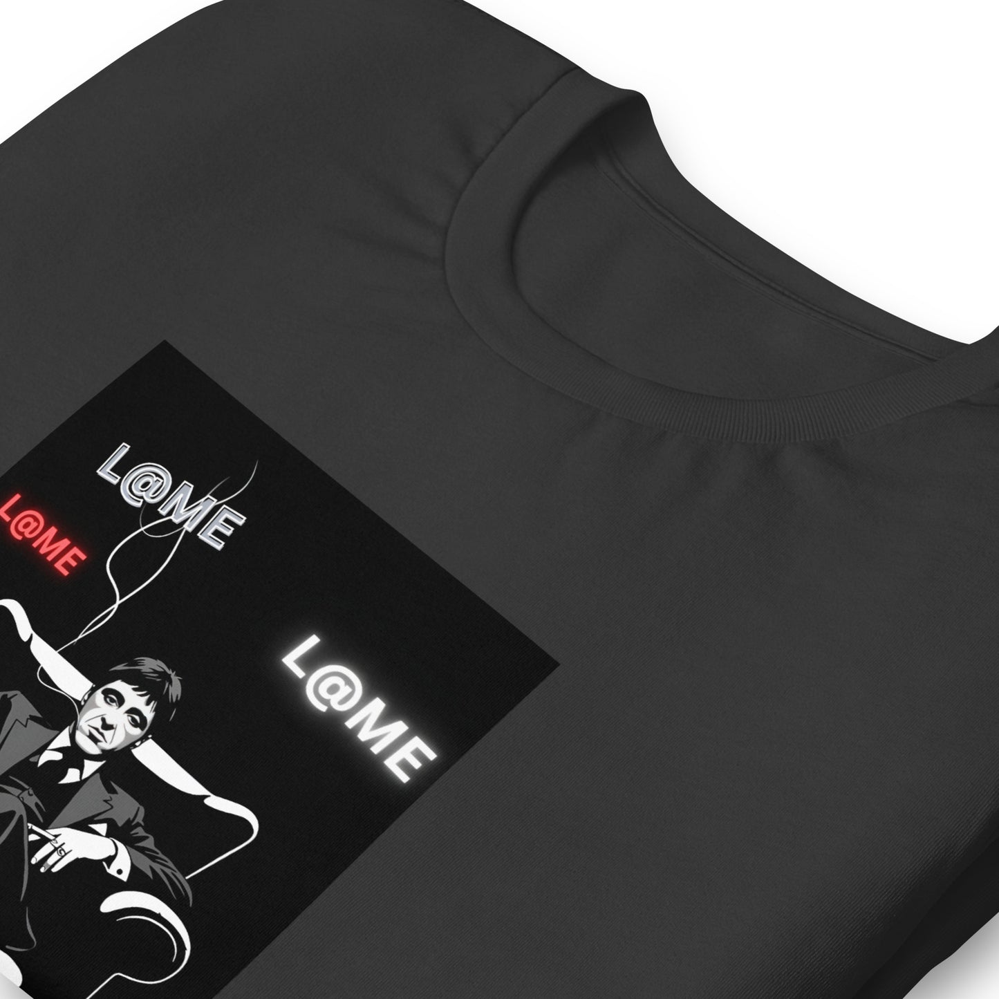 Black tee featuring red and white L@ME logos, made from 100% combed cotton.