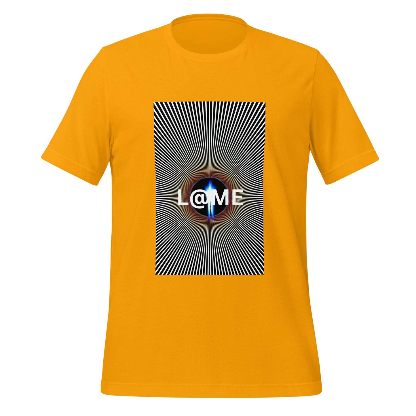 Black-and-white graphic t-shirt featuring an optical illusion and a central burst design.