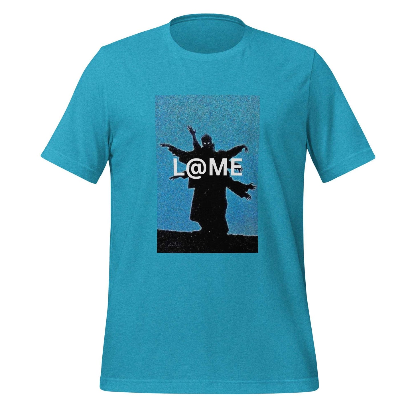 The L@ME Blue Horizon t-shirt features a black silhouette with outstretched arms on a blue background.