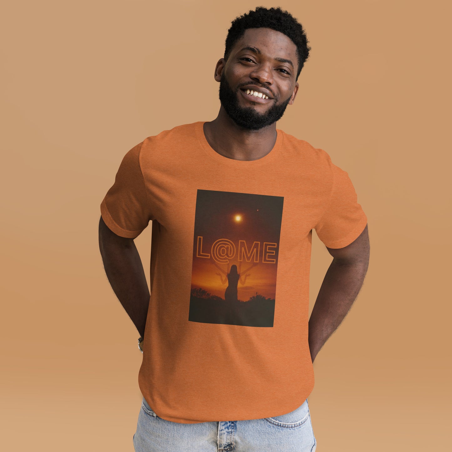 Unisex t-shirt featuring a serene figure wading toward a luminous doorway over tranquil waters.