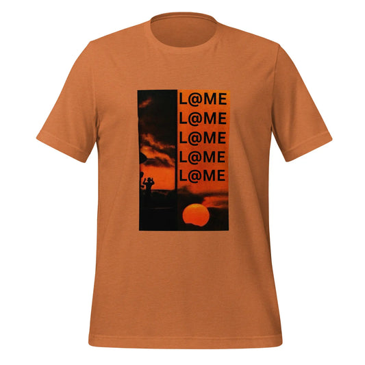 Burnt-orange unisex t-shirt featuring a bold stacked logo design.