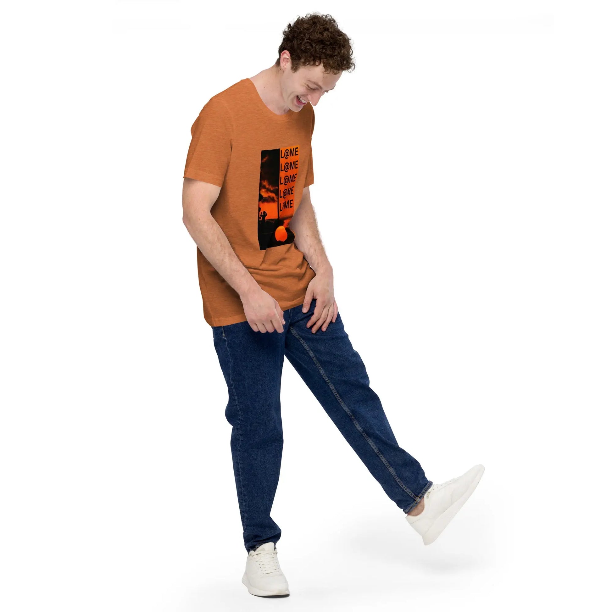 Unisex T-shirt with burnt-orange background and bold stacked L@ME logo design.