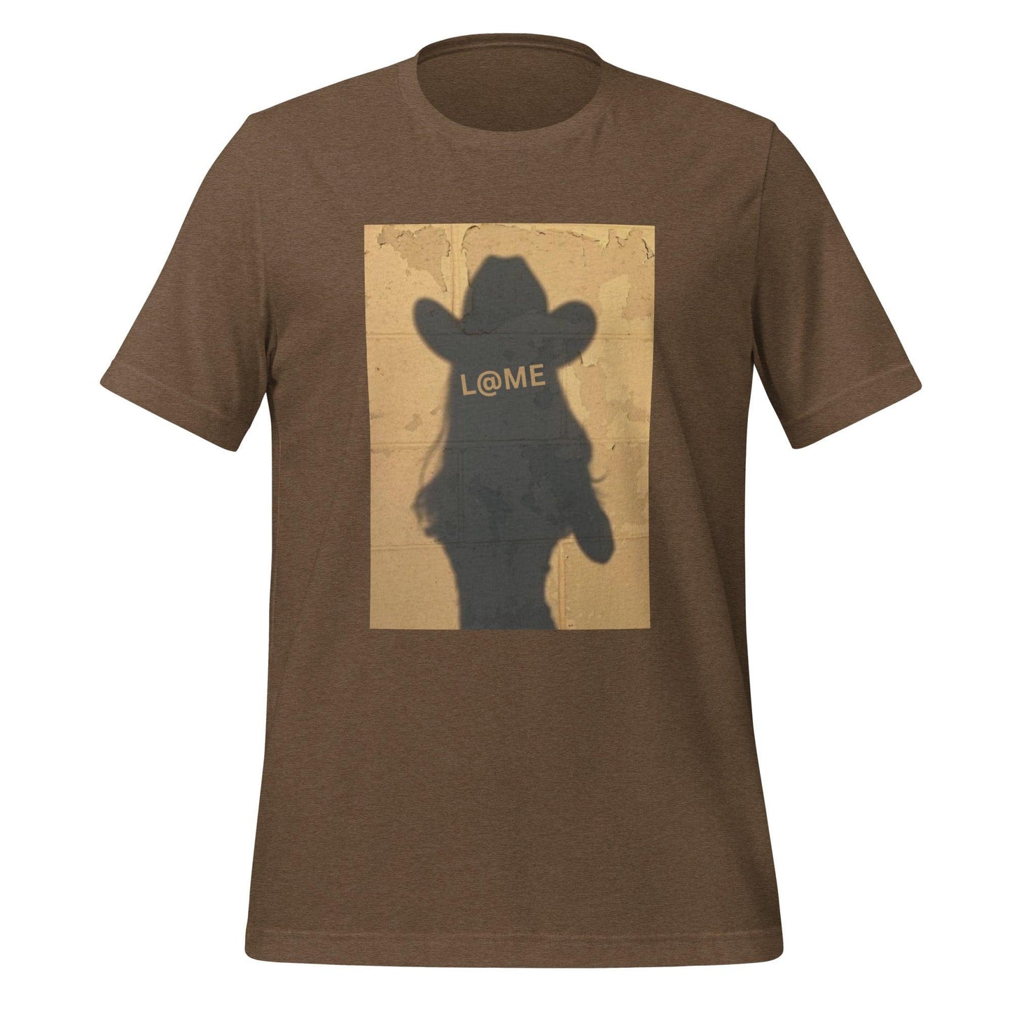 Unisex T-shirt with cowboy hat silhouette on a rustic background in soft cotton fabric
