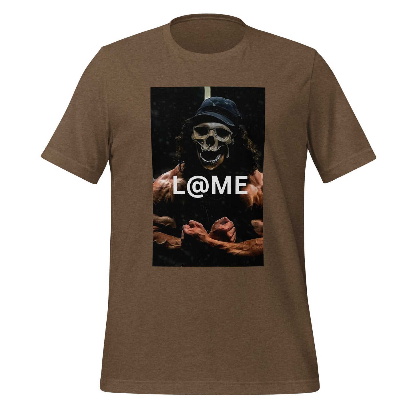 Black graphic tee featuring a skeletal figure flexing under dim light.