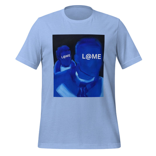 Midnight blue unisex t-shirt with a deep-blue double-figure design and bold branding.